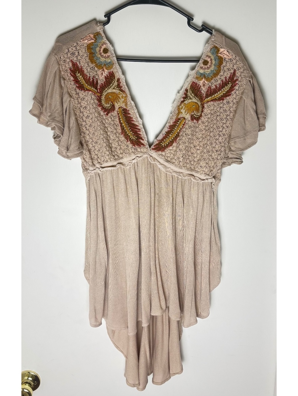 Free People Embroidered Crochet Tunic Top S Beige Boho Hi Low Tassel Festival
